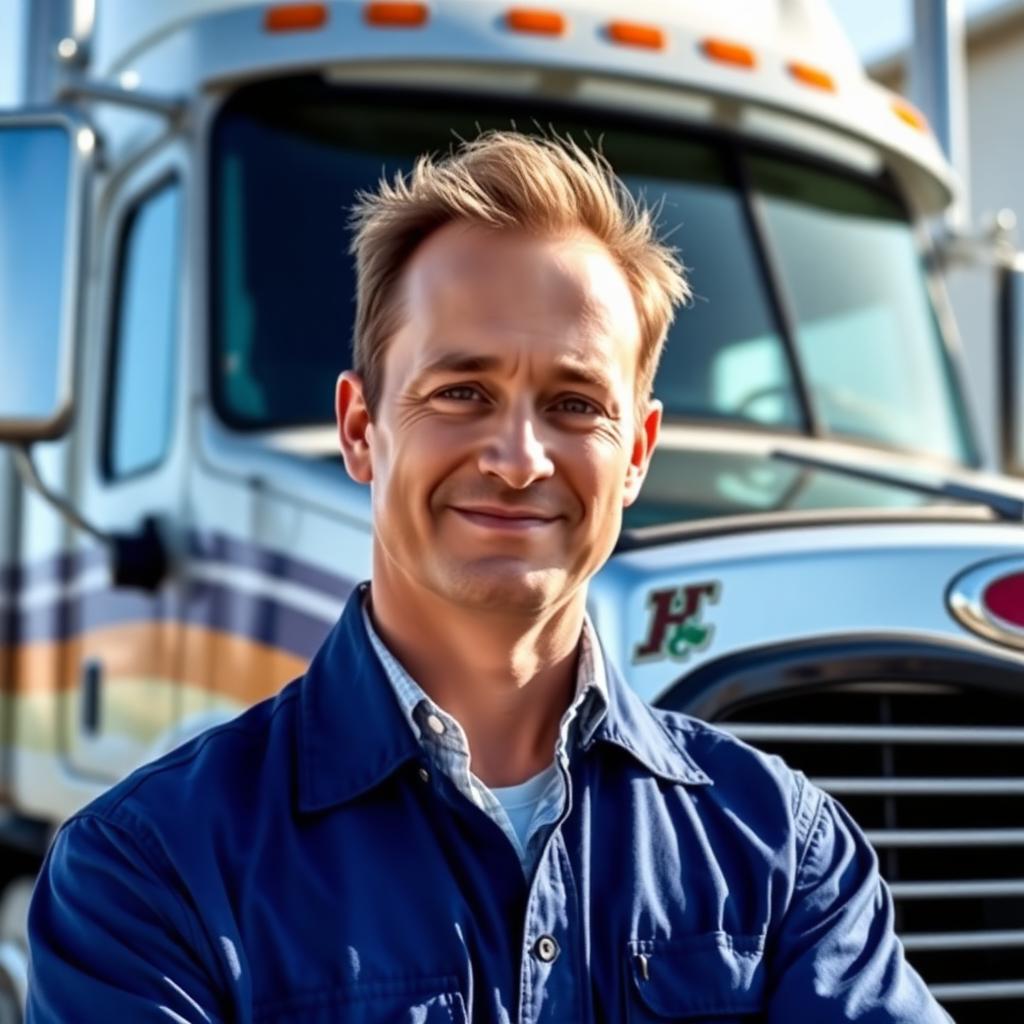 Professional truck driver standing in front of a clean semi-truck cab