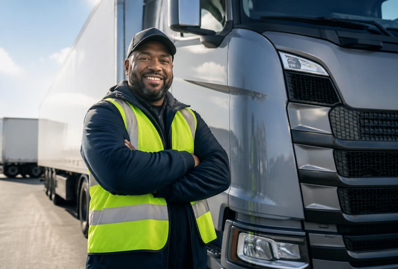 Professional truck driver in a safety vest beside a modern semi-truck