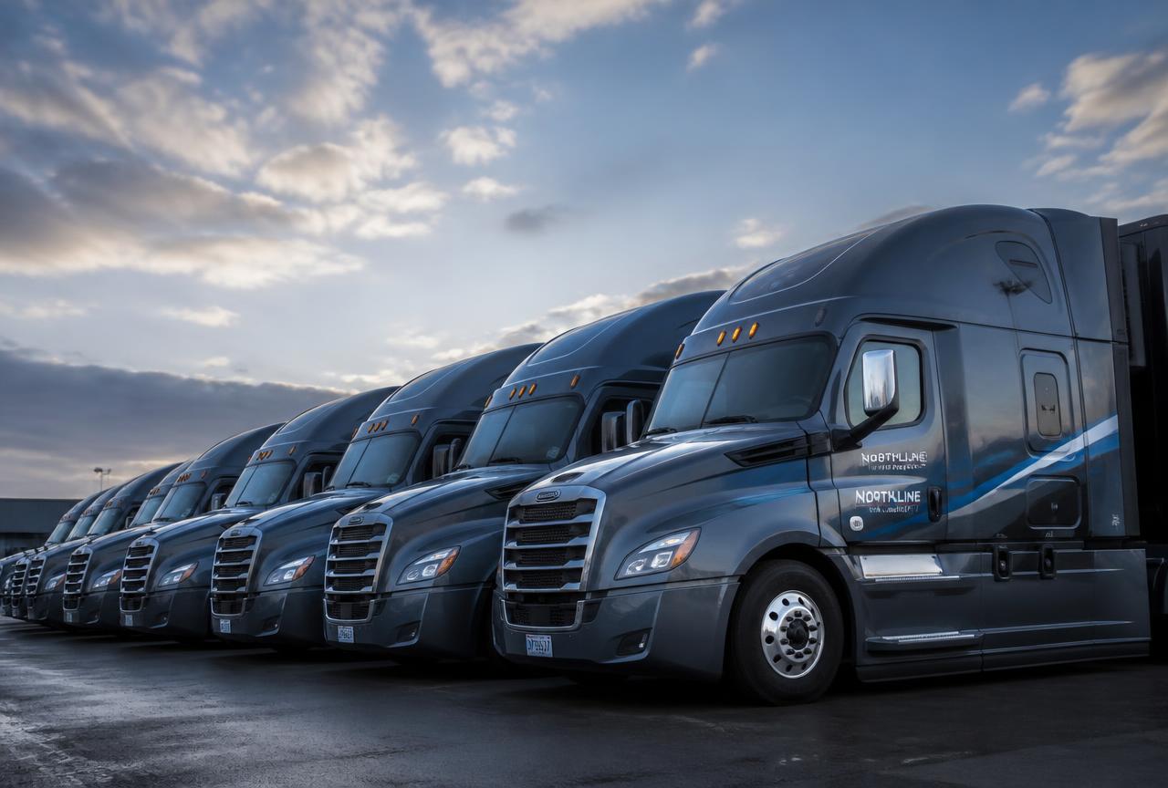 Row of modern semi-trucks lined up in a fleet yard
