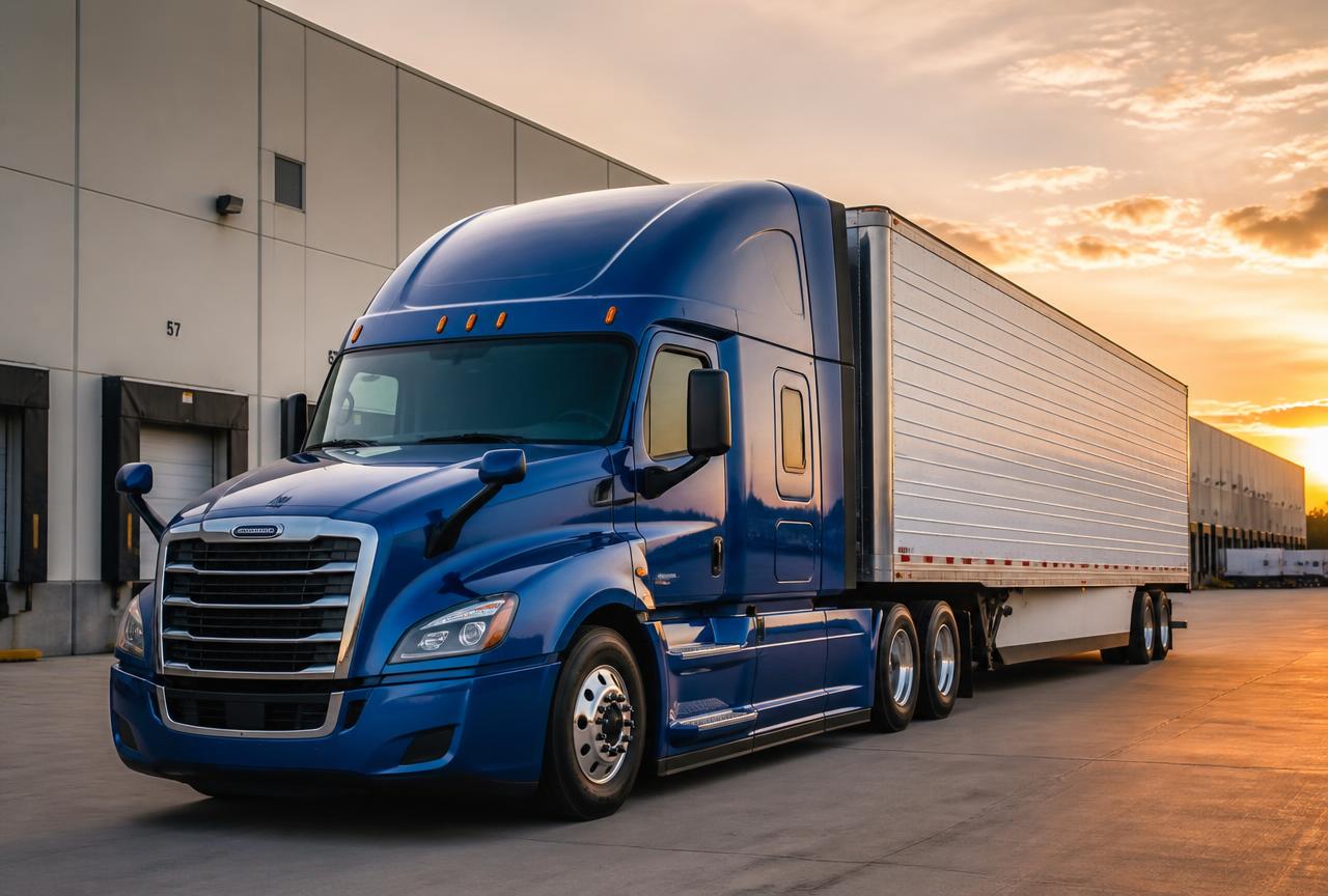 Modern blue semi-truck with dry van trailer parked at a logistics dock