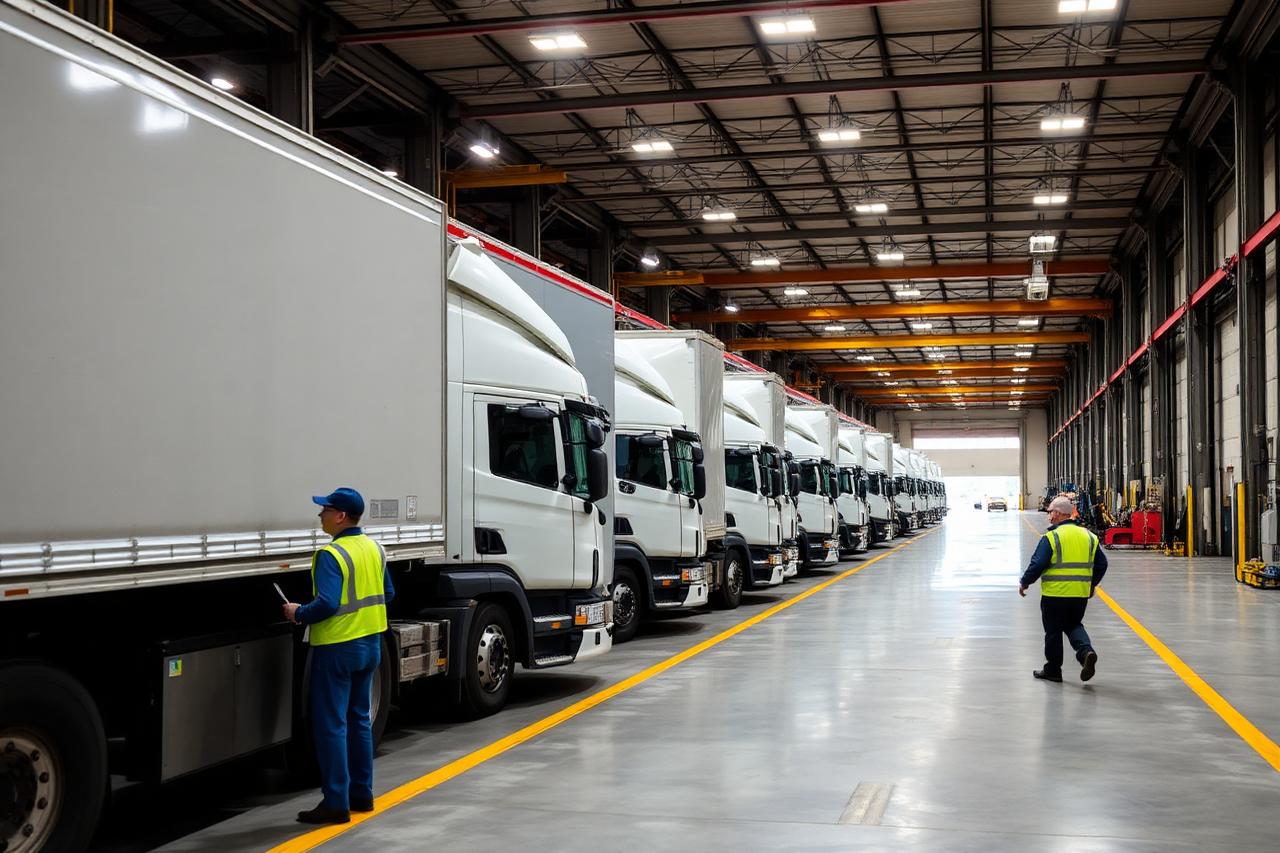 Freight trucks lined up at a logistics loading dock with staff in safety vests